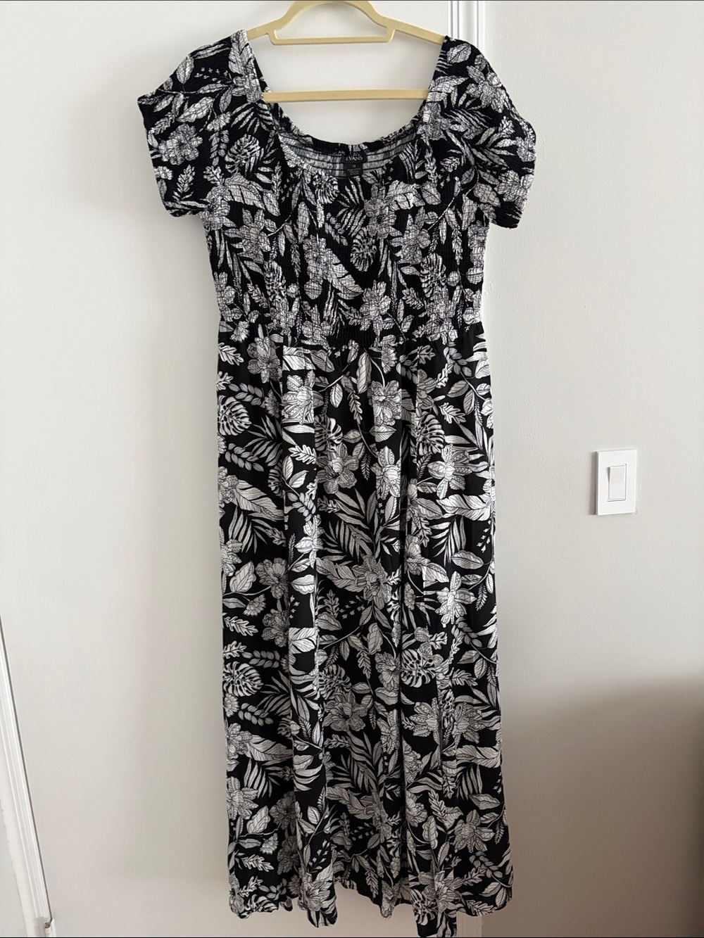 Black and White Floral Maxi Dress with Smocked Bodice